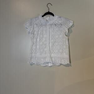 Jennifer & Grace White Cotton Eyelet Lace Top Peasant Boho Prairie Embroidery S